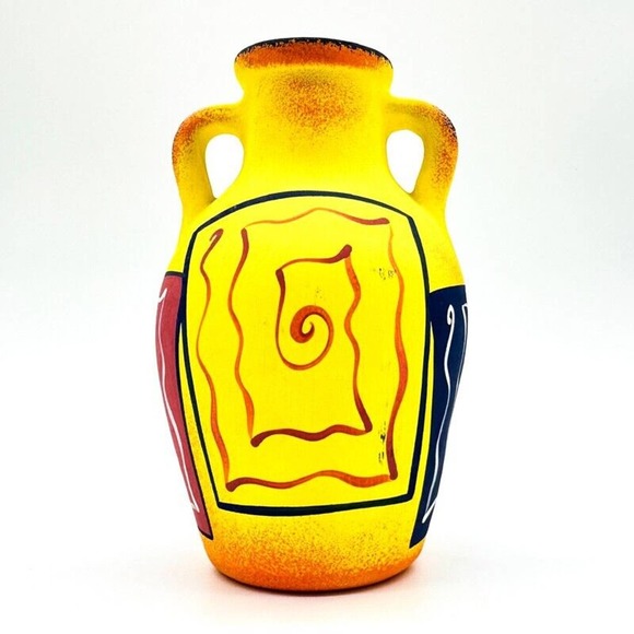 Art. F. Diaz Vase Post Modern 90s Hand Painted Yellow Matte Glaze Signed - Picture 4 of 13